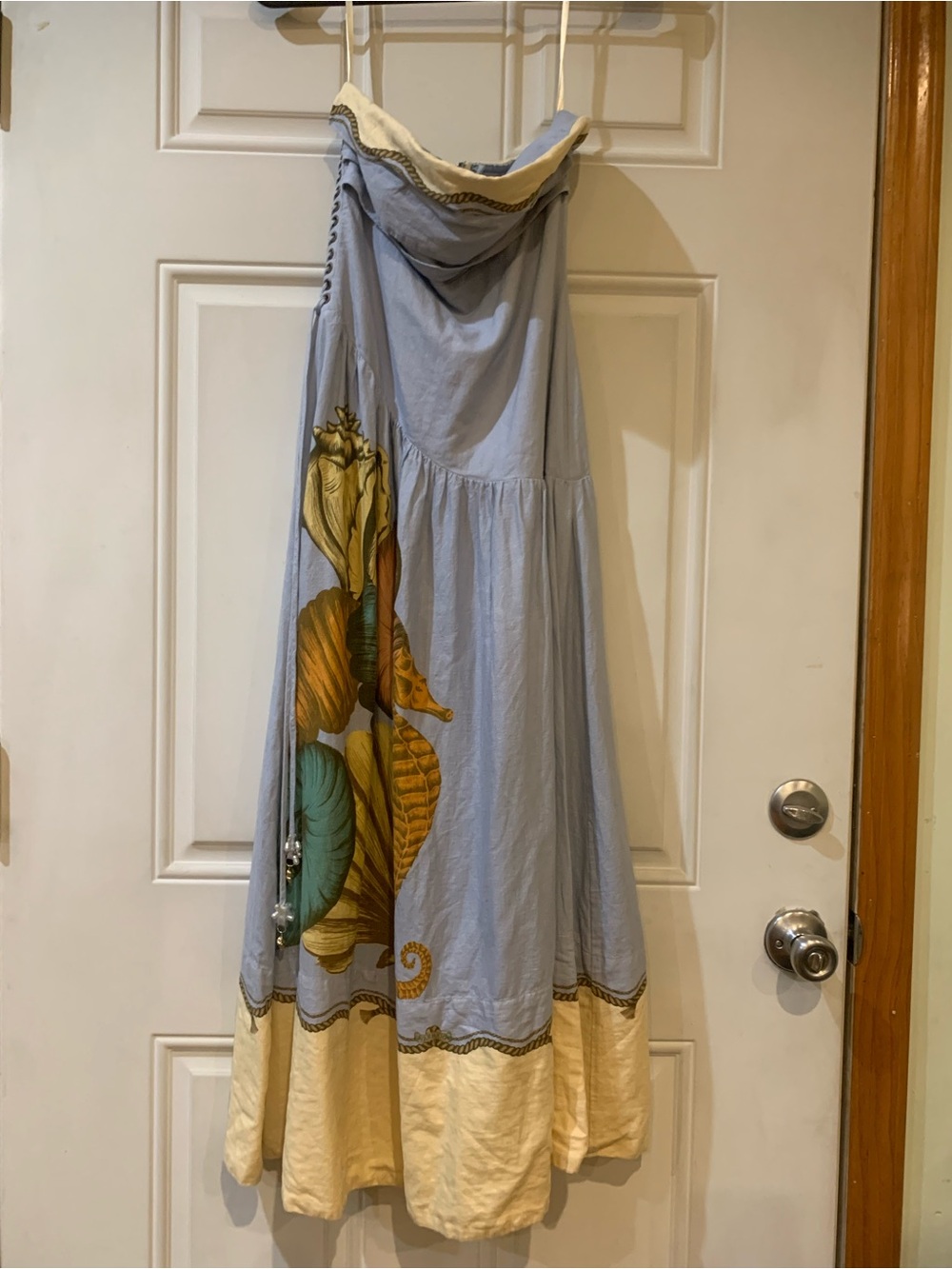 FARM Rio Pale Blue Maxi Dress with Cream Hem and Botanical Motif Size XS